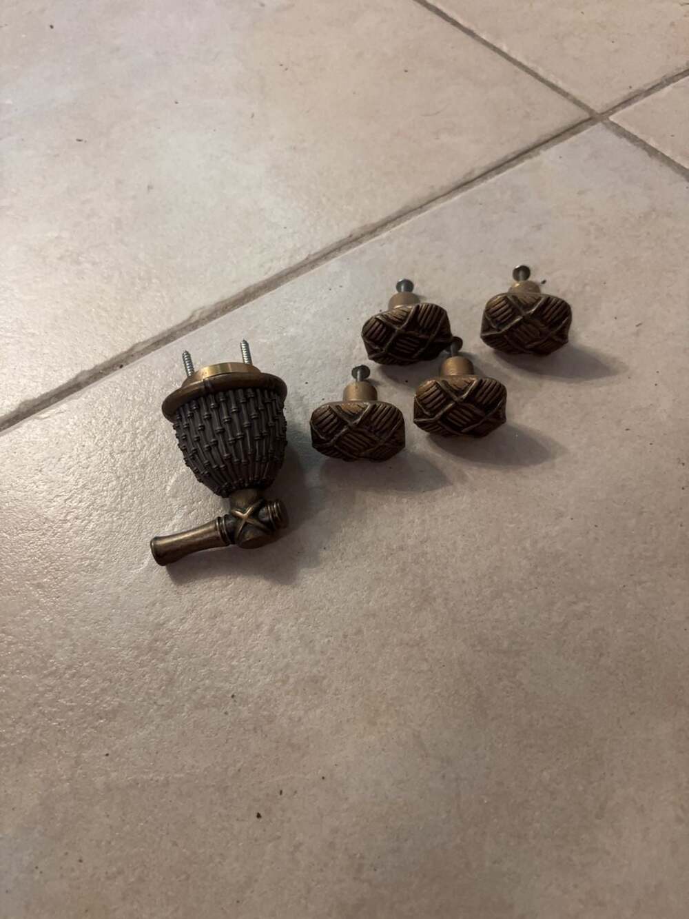 4 brass small drawer pulls and Bamboo Door Handle Brass aged